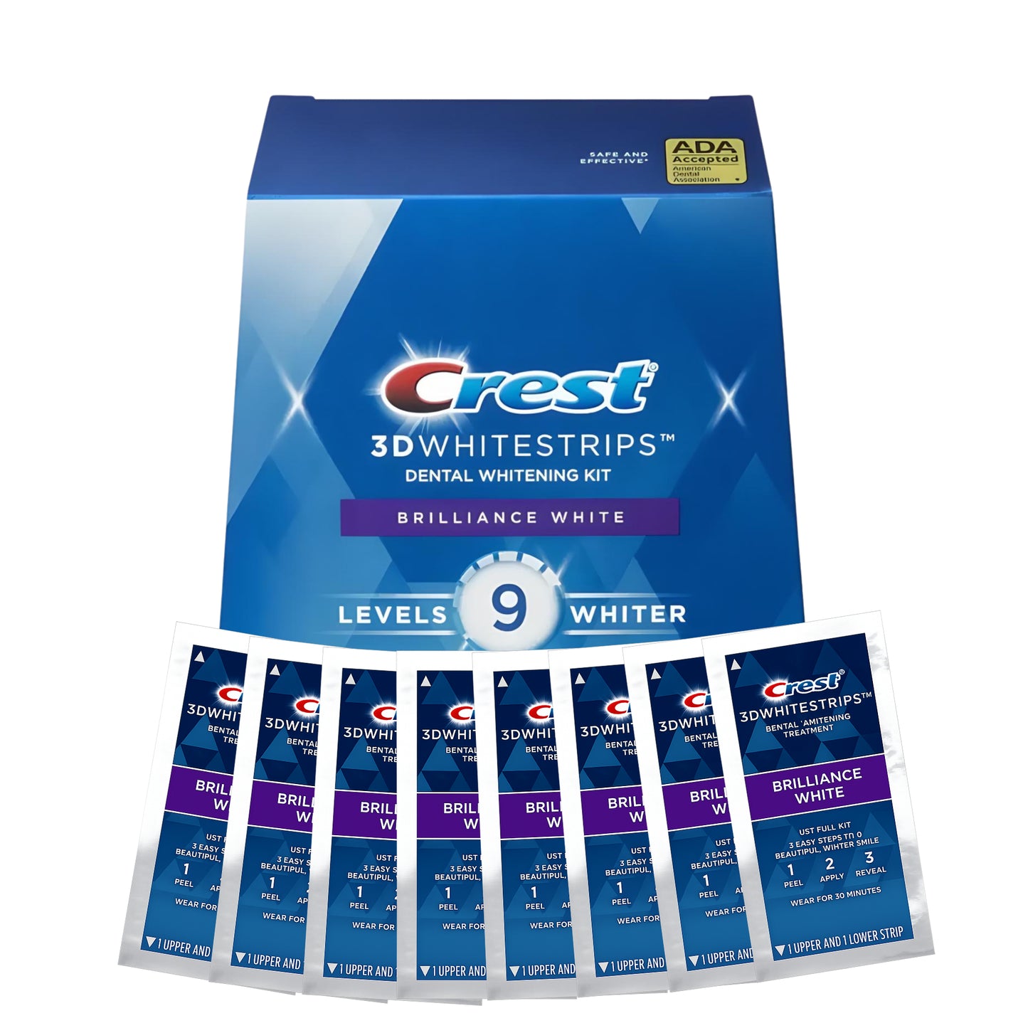Bieliace pásiky Crest Brilliance White 9 Levels – 8 vrecúšok, 16 pásikov