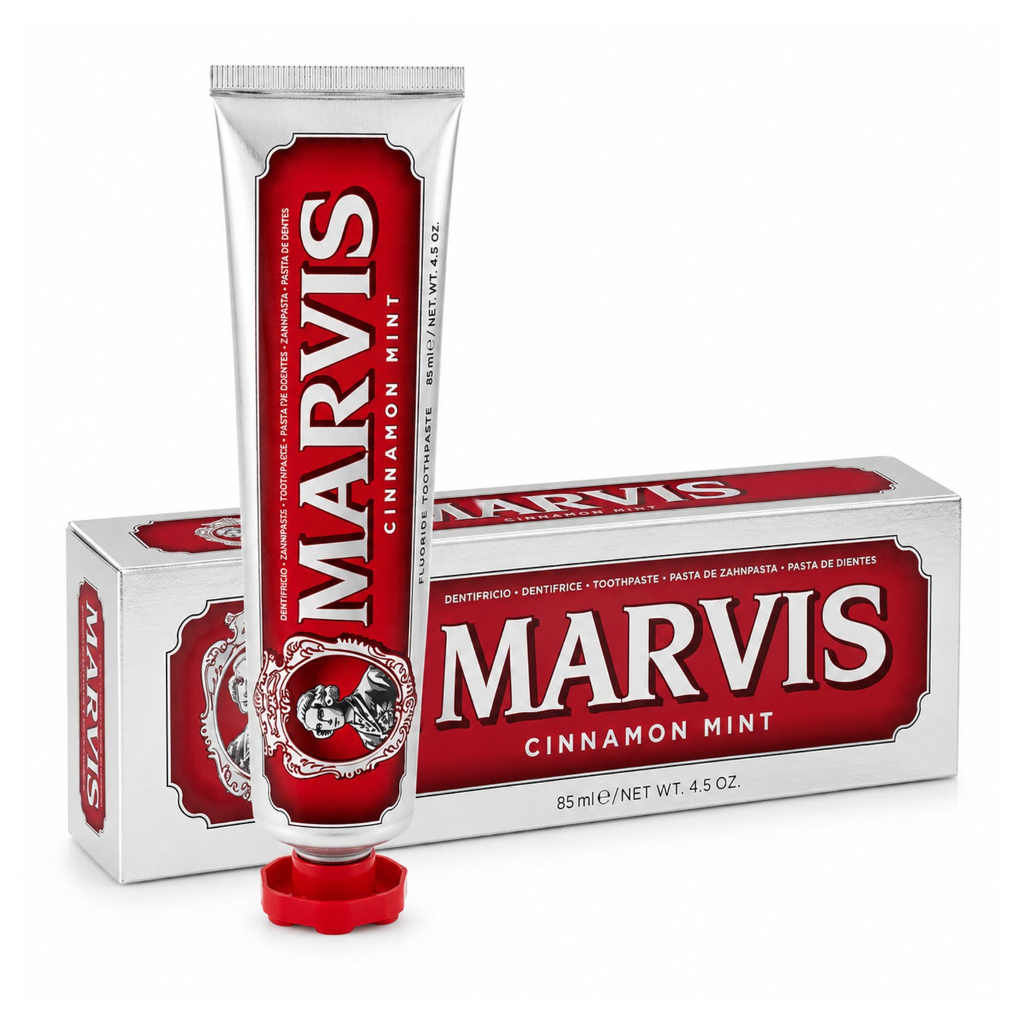 Marvis Cinnamon Mint 85 ml – zubná pasta v tube a originálnom balení s príchuťou mäty a škorice